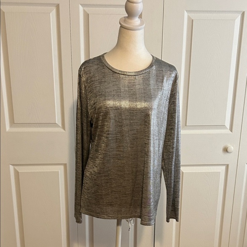 DKNY Metallic Silver Long Sleeve Top